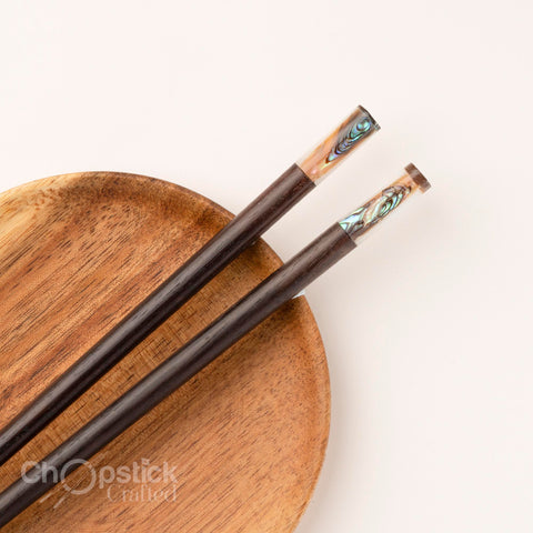 Round Trac wooden chopsticks with Australian abalone head. Personalized Engraving
